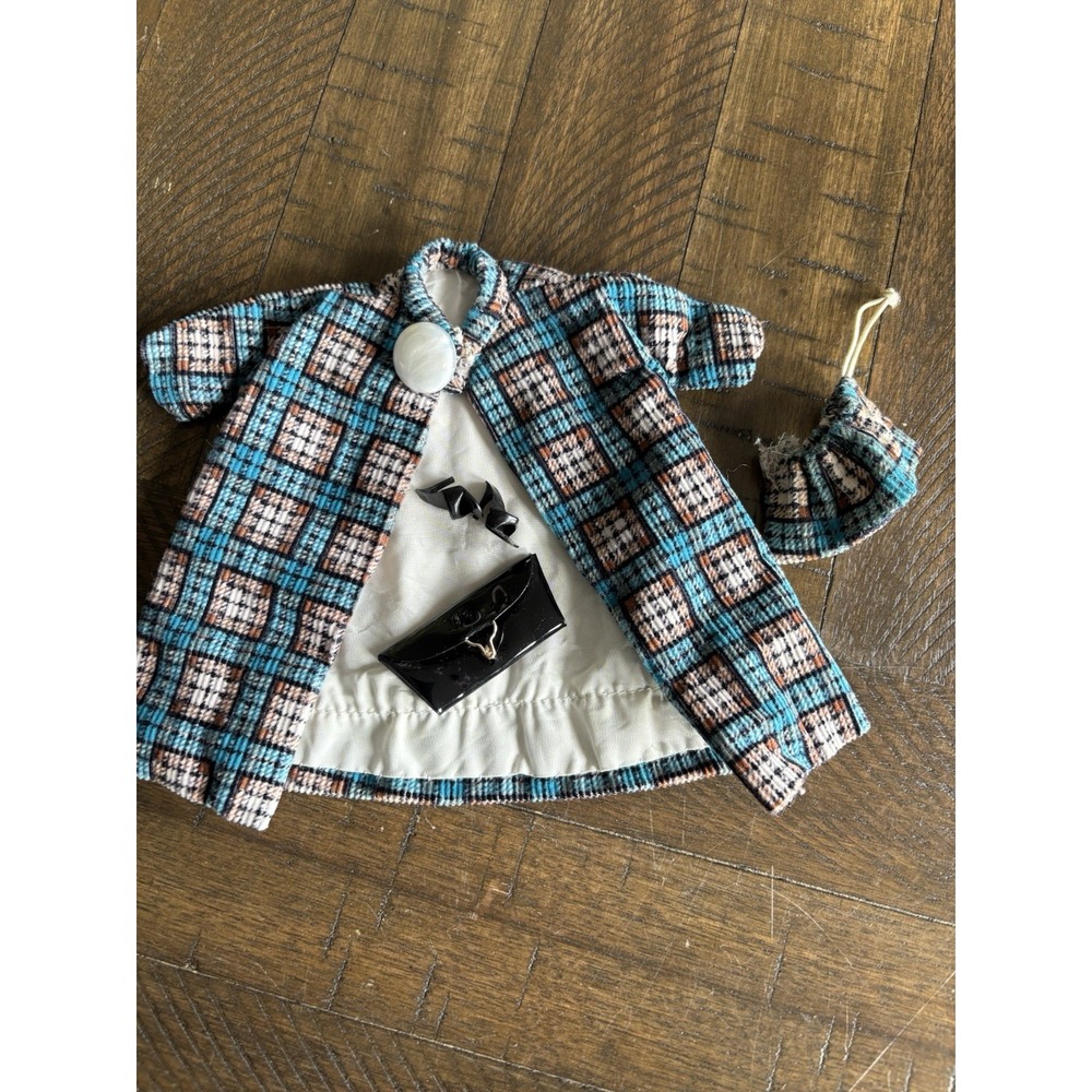 VTG Handmade Barbie Doll Coat  Shoes Clutch Purse‎ Checked Black Blue Corduroy